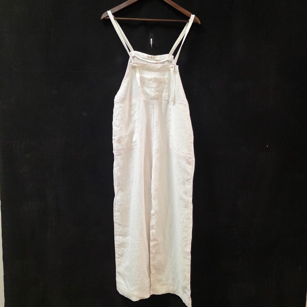 Womens 100% Linen Wide Leg Sleeveless Overall Jumpsuit Size S/M White Coastal